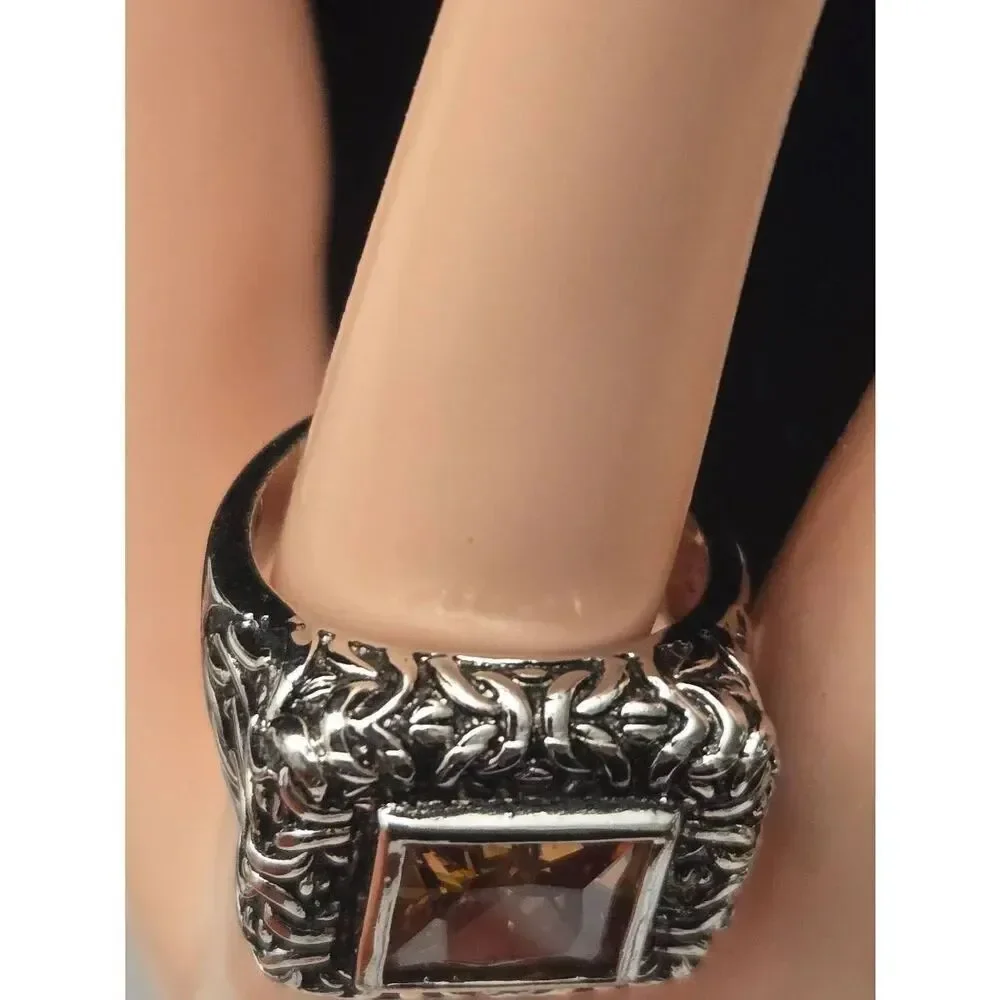 Women's Size 9 Amber Crystal CZ Silver Tone Ring